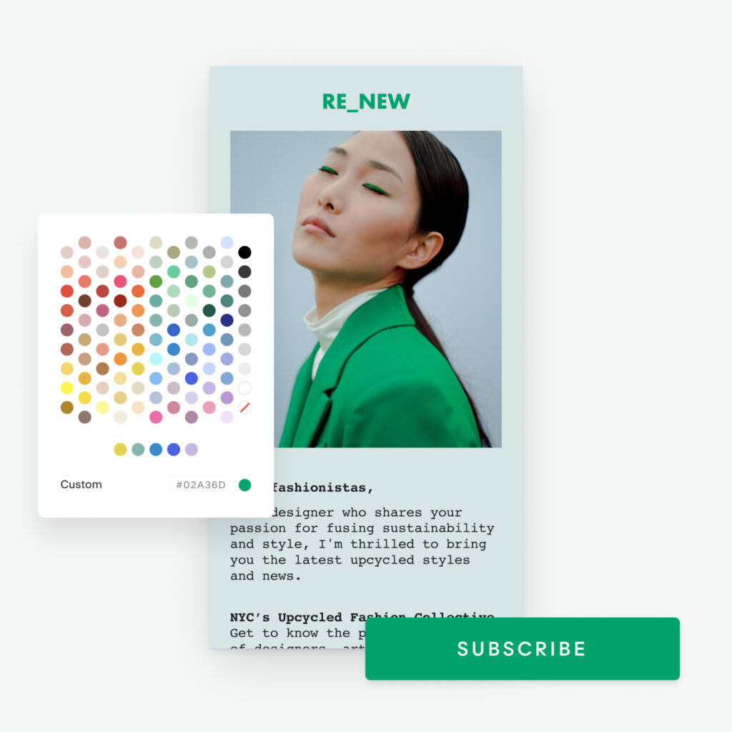 A woman in a green outfit poses with closed eyes, showcasing colorful eye makeup. Beside her, a color palette and a "Subscribe" button suggest the allure of Flodesk email marketing. The background features a text box with the word "RE_NEW" at the top.