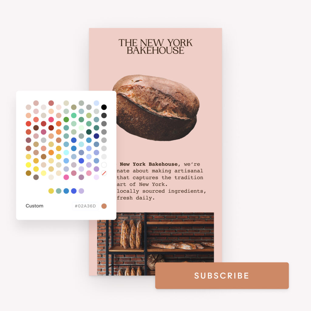 A New York Bakehouse advertisement showcases a perfectly baked loaf of bread, complemented by a rich brown color palette. With an enticing image of bread loaves rising in the oven and a "Subscribe" button for Flodesk email marketing at the bottom, it all rests against a soft beige background.