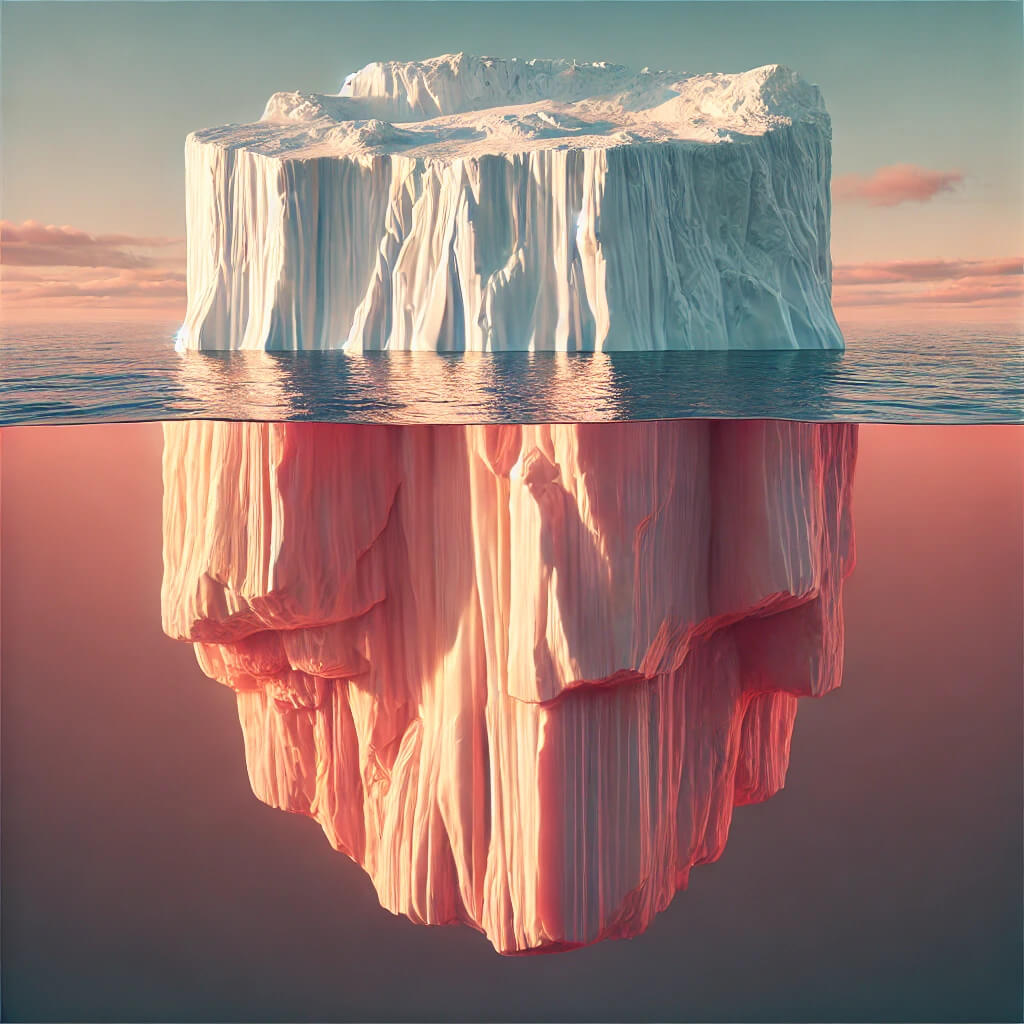 The iceberg, much like a brand strategy, reveals only its surface at first glance. Yet below, bathed in pink light, lies a vast underwater portion that supports the visible pieces above.